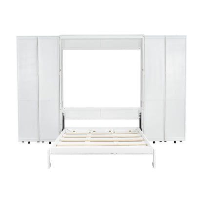 Ball & Cast Murphy Bed Queen Size,Wood Hidden Wall Bed with 2 Sides Push-Pull Foldable Storage Cabinets, Multifunctional Cabinet Bed Frame for Bedroom,Guest Room,Space Saving,White