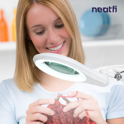 Neatfi LED Bifocal Magnifying Lamp 1,200 Lumens – 5” Glass Lens, Dual Magnification 2.25X/6X, Dimmable | Adjustable Arm with Clamp | Crafting, Jewelry & Reading (5 Diopter + 20 Diopter, White)