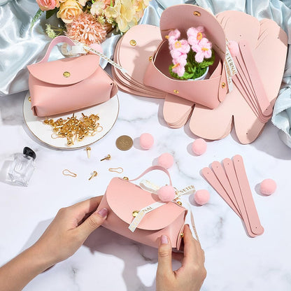 CALFOVERA 12 Sets Pink PU Leather Party Favor Boxes Mini Leather Gift Wrapping Handbags Reusable Chocolate Candy Bags Elegant Treat Purses with Ribbons for Birthday Wedding Halloween Christmas