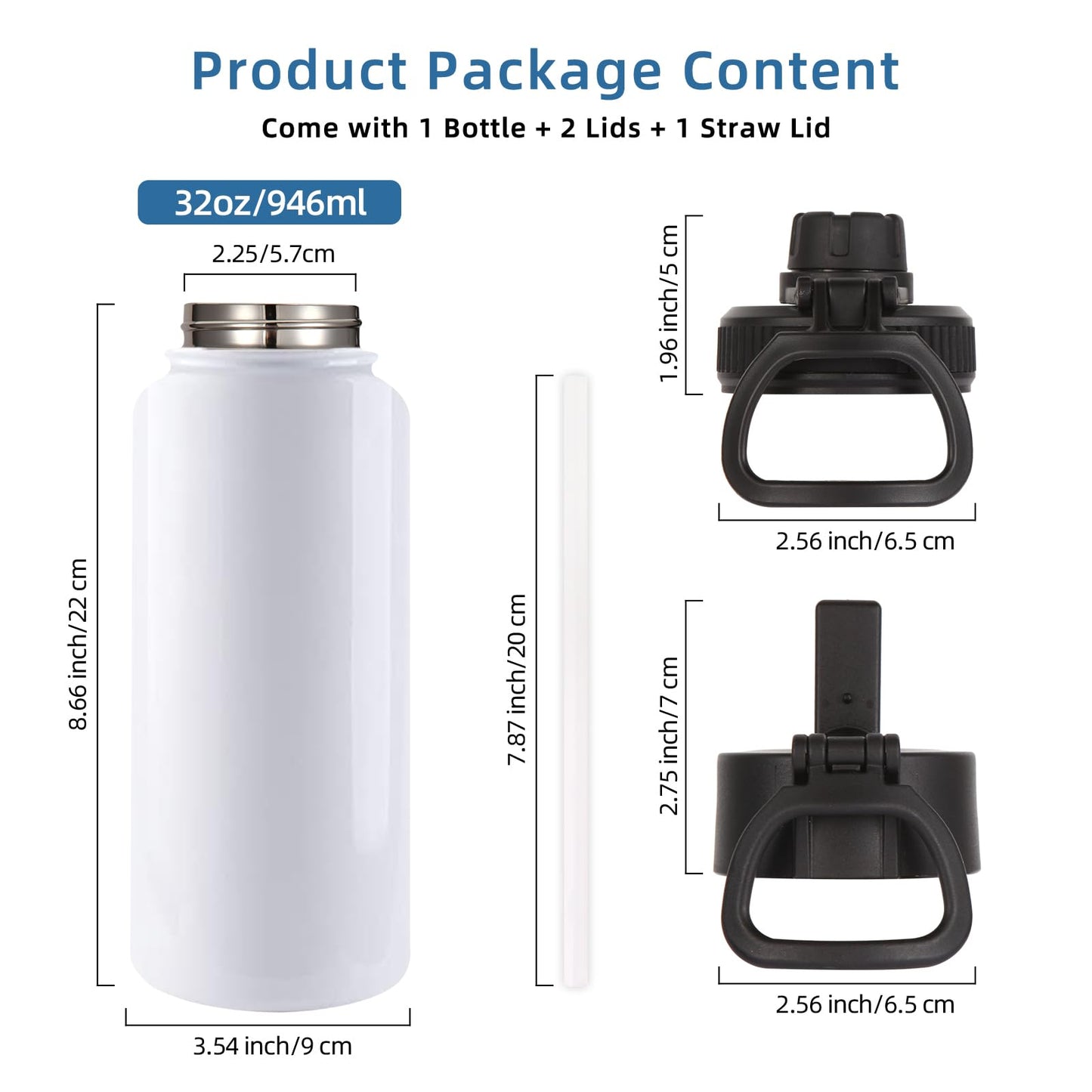 Volhoply Sublimation Insulated Water Bottles Blank Bulk 4 Pack, 32 oz Stainless Steel Sports Bottle with Straw, Double Walled Vacuum Metal Water Flask with Wide Mouth(Sublimation,4)