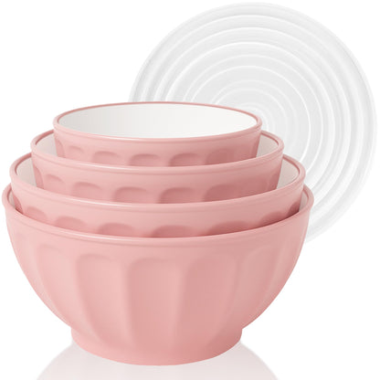 BoxedHome Mixing Bowls with Lids Set, 4PK Large 0.2” Thick Plastic Nesting Mixing Bowl, Microwave Safe,Size 1.37,2.32,3.8 and 5.07qt, Pink