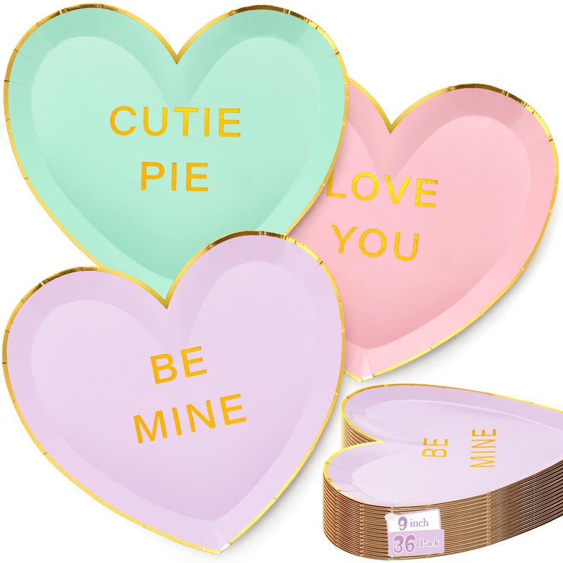 Suclain 36 Pcs Valentine's Day Heart Paper Plates 9 Inch Valentines Conversation Heart Shaped Paper Plates Disposable Candy Tableware Dinnerware for Galentine Party Favors Gifts (Green,Purple,Pink)