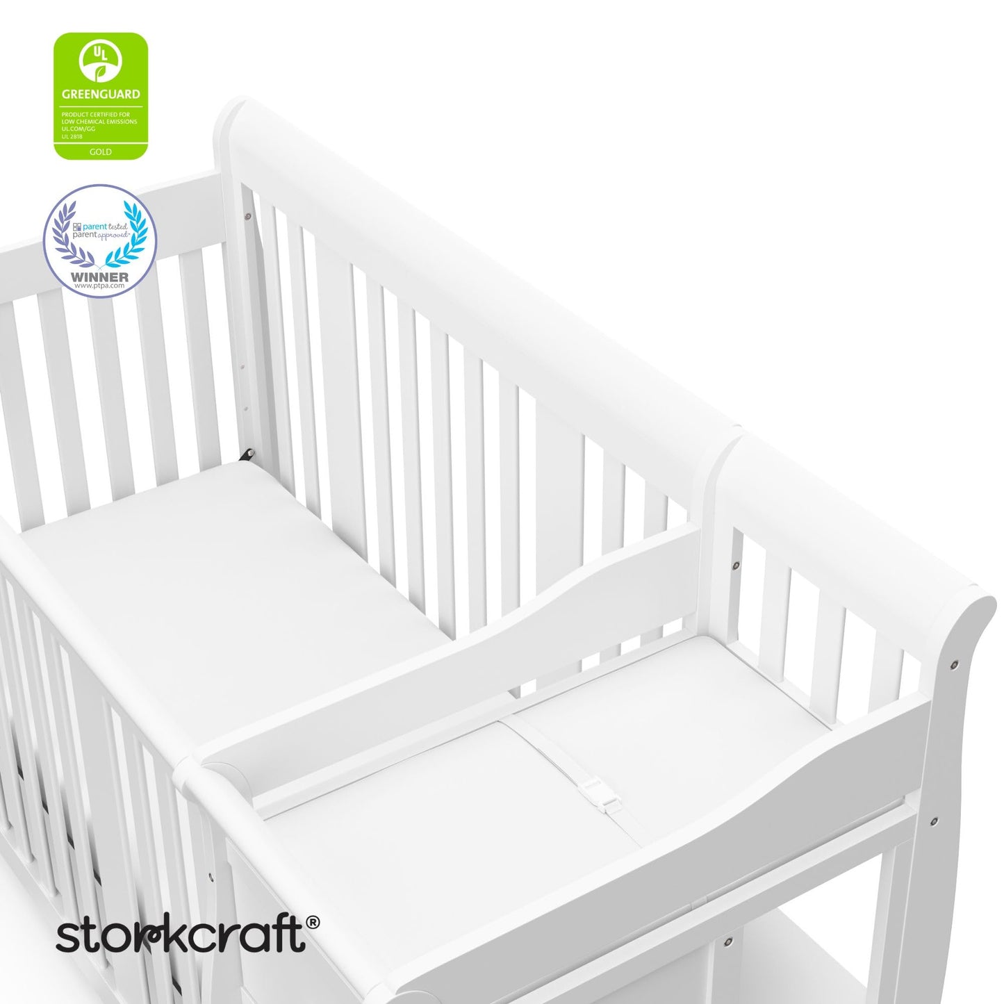 Storkcraft Portofino 5-in-1 Convertible Crib and Changer – Crib and Changing Table Combo with Drawer, Converts to Toddler Bed, Daybed and Full-Size Bed, Storage Drawer (White)