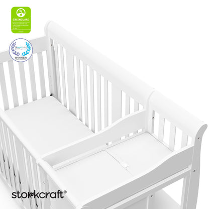 Storkcraft Portofino 5-in-1 Convertible Crib and Changer – Crib and Changing Table Combo with Drawer, Converts to Toddler Bed, Daybed and Full-Size Bed, Storage Drawer (White)