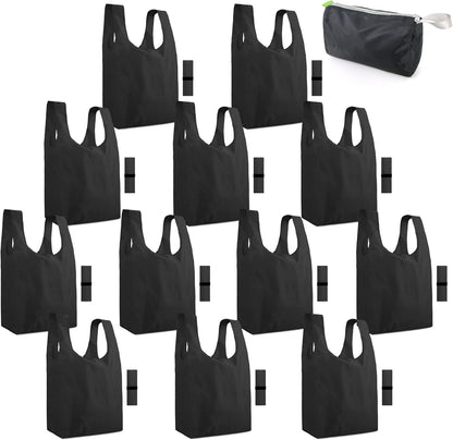 BeeGreen 12 Pack Black Reusable Grocery Bags Shopping Bags for Groceries Heavy Duty - Foldable Polyester Grocery Totes