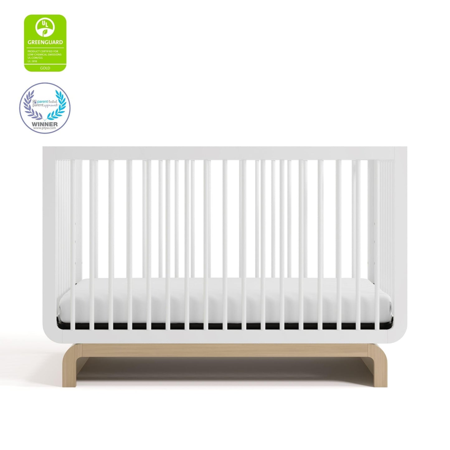 Storkcraft Santorini 5-in-1 Convertible Crib with Toddler Guardrail – GREENGUARD Gold Certified, Conversion Kit Included, 100% Solid Wood, Fits Standard Crib Mattress (White and Driftwood)