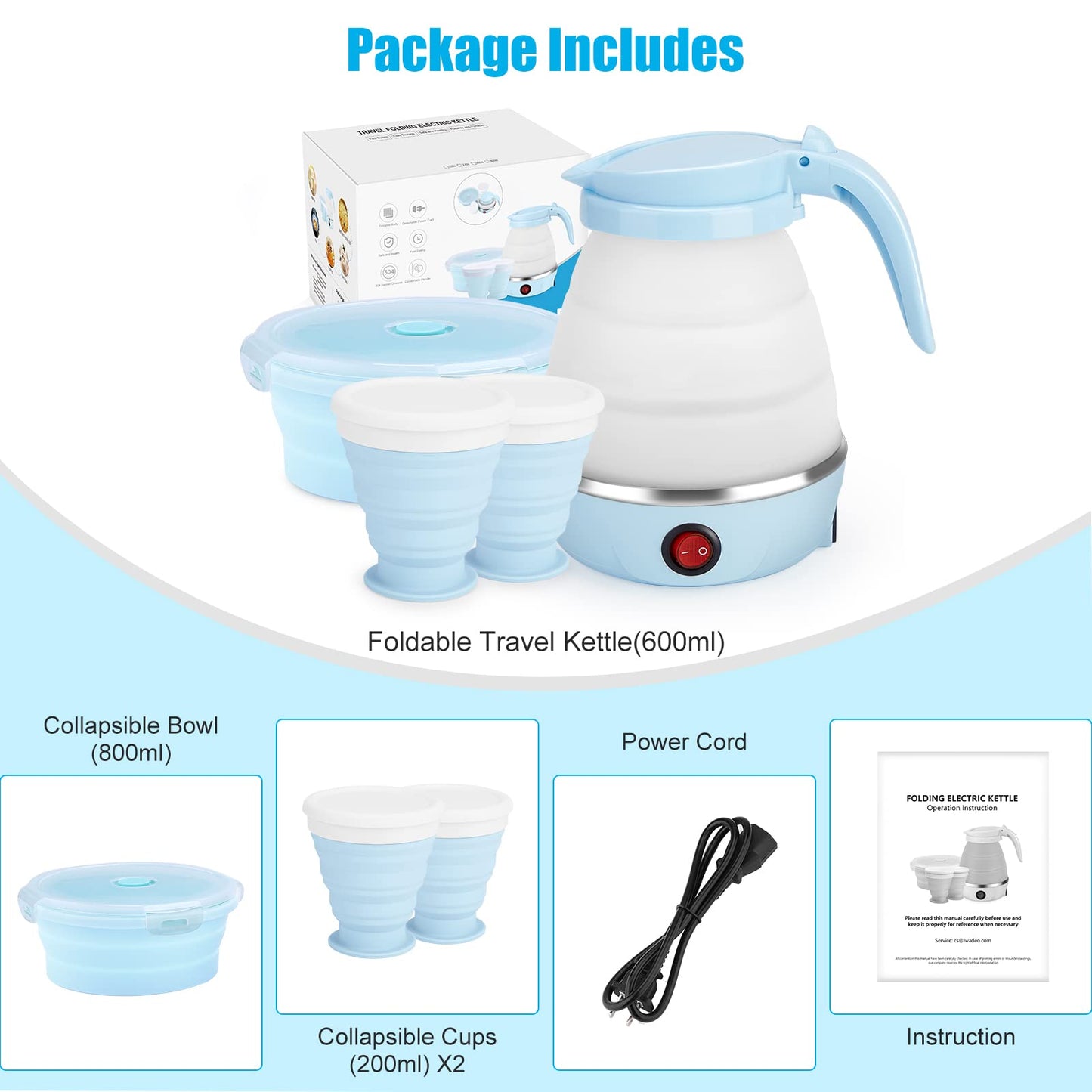 Travel Foldable Electric Kettle, Portable Kettle for Fast Water Boiling Tea Coffee, with 1 Collapsible Bowl and 2 Cups, Food Grade Silicon, 600ML 110V