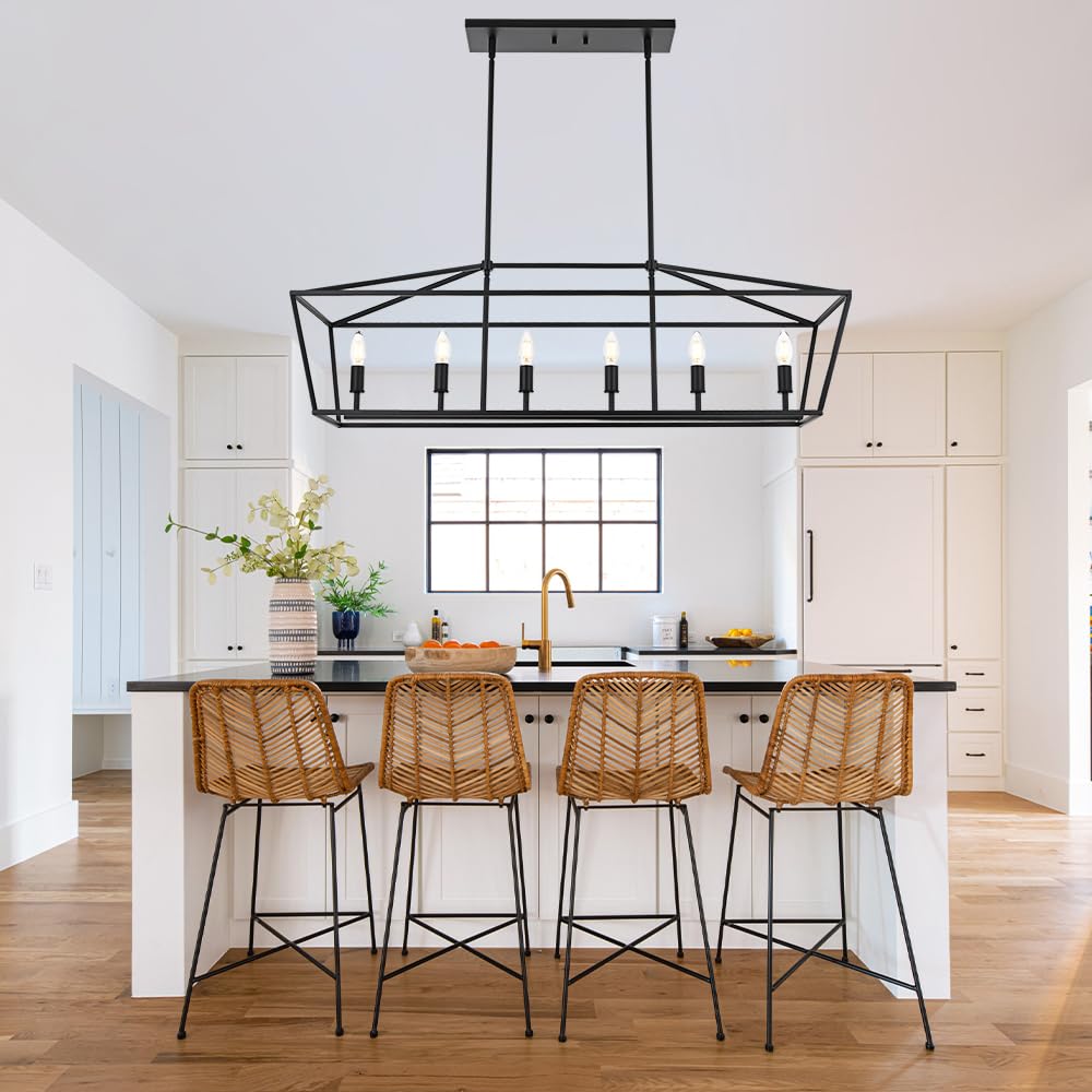 BONLICHT 6 Light Farmhouse Chandelier Black Modern Linear Kitchen Island Lights Industrial Vintage Candle-Style Dining Room Lighting Fixture Hanging Foyer Ceiling Lights with Adjustable Rods,E12 Base