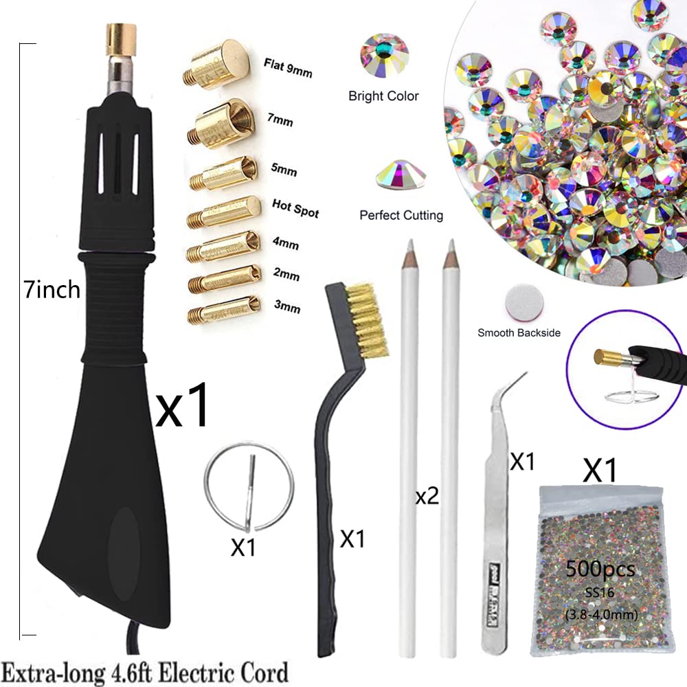Hotfix Rhinestone Applicator Tool, 7-in-1 Hot Fixed Applicator Rhinestones Kit Include AB Crystal Rhinestones, 7 Tips, 2 Pencils, Tweezers and Support Stand