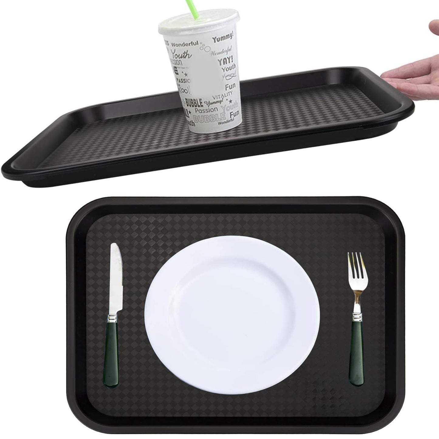 Yarlung 12 Pack Fast Food Tray, 13.7 x 10.5 Inch Plastic Restaurant Serving Tray Cafeteria Trays for Coffee Table, Kitchen, Party, Black