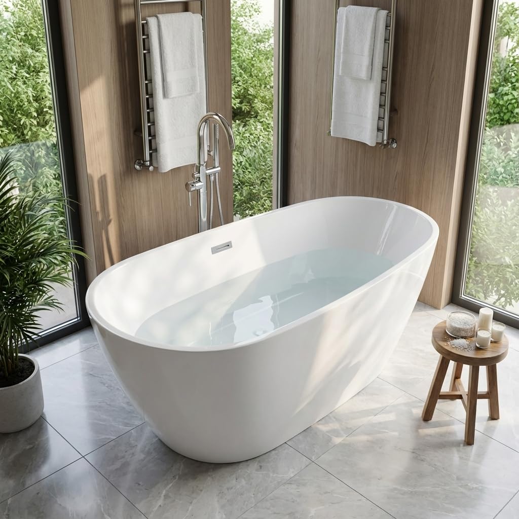 Freestanding Bathtub, Acrylic, Deep Soaking, Modern Upright Bathtub with Matte Drain and Black Overflow, Durable Double Wall, Freestanding for Bathroom, 67'', White