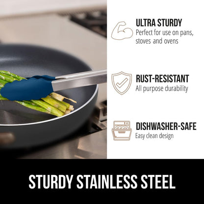 GORILLA GRIP Stainless Steel Heat Resistant Kitchen Tongs for Cooking, 9 + 12 Inch, Set of 2 BBQ Tong, Non Scratch Silicone Tip for Pan, Strong Grip, Grab Food, Toss Salad, Air Fryer, Pull Lock, Black