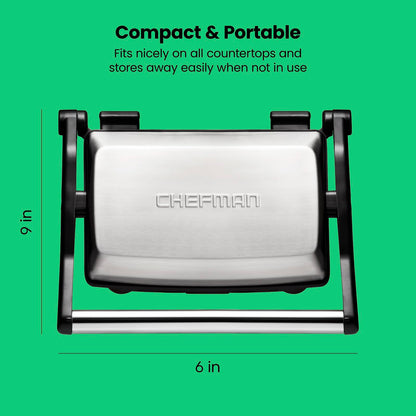 Chefman Electric Panini Press Grill, Compact 2-Slice Sandwich Maker, Non-Stick Coated Plates, Opens 180 Degrees, Dishwasher Safe, Removable Drip Tray, Stainless Steel/Black