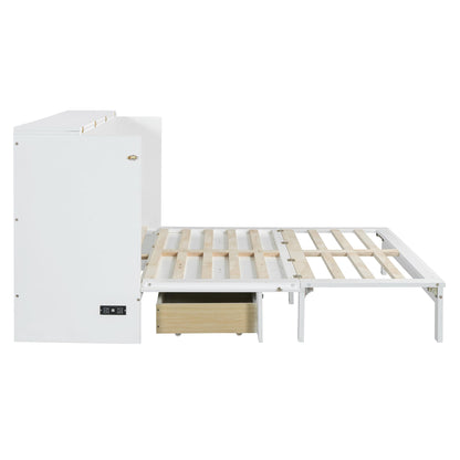 Ball & Cast Murphy Bed Queen Size Bedroom Folding Wall Cabinets Frame with Large Drawer and USB Ports,Hideaway Bed w/Tri-Fold Mattress Design,for Guest Room,Study,Office,White