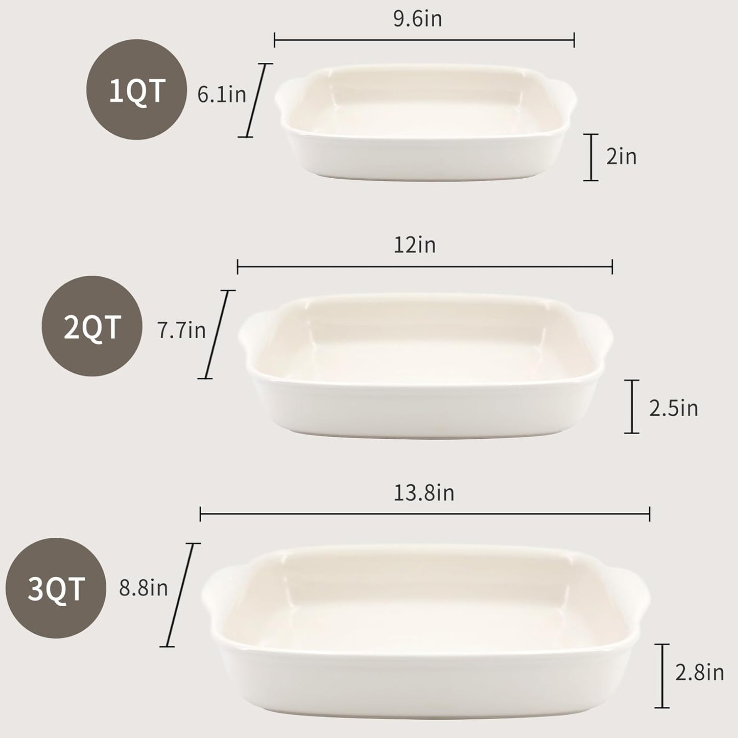 Skiennix 3-Pack Ceramic Baking Dishes Set - Heavy-Duty Oven-Safe Stoneware for Lasagna & Baking | High Heat Resistant, Handcrafted Glazed Finish (13.8''/12''/9.6'' Pure Off-White)