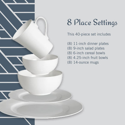 Mikasa Delray 40-Piece Bone China Dinnerware Set, White Round Dishes for 8 - Dinner Plates, Salad Plates, Cereal Bowls, Fruit Bowls and Mugs