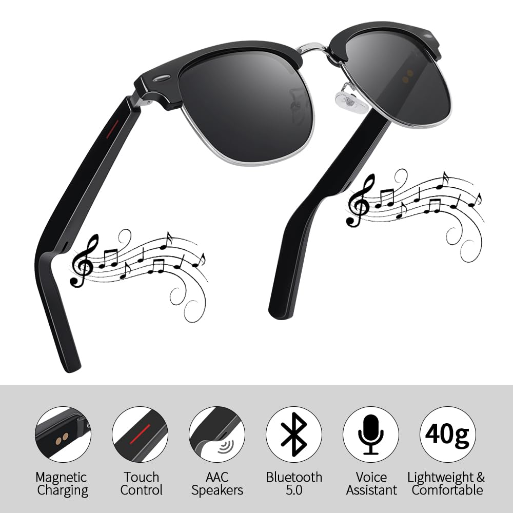 Smart Sunglasses Glasses for Men Women with AAC Speaker Open Ear Music Touch Buttons Remote Photo Voice Assistant Hand-free Calling, Unisex Audio Intelligent Bluetooth 5.0, Great Gift for Friends