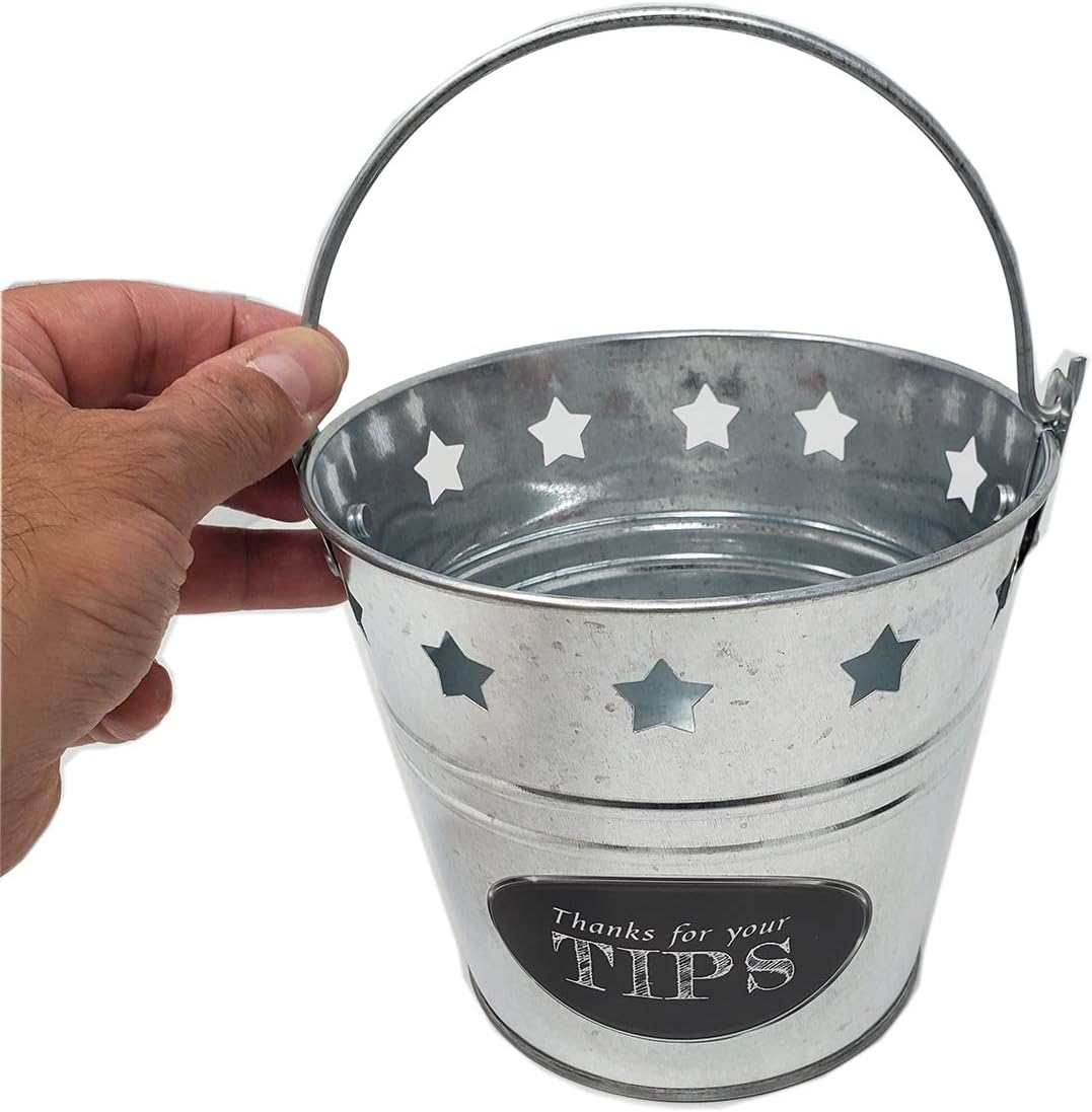 Tip Bucket Metal with Stars Design for Bar, Club, Musicians, Bartenders Money Tip Jar, 6” Diameter x 5.5” Height