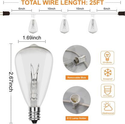 25FT ST35 27Clear Bulbs -5 Watt/120 Voltage/E12 Outdoor Patio Edison String Lights with Base -White Wire