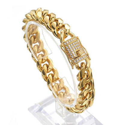 Jxlepe Mens Miami Cuban Link Chain 18K Gold 15mm Stainless Steel Curb Bracelet with cz Diamond Chain Choker (8.5, Bracelet)