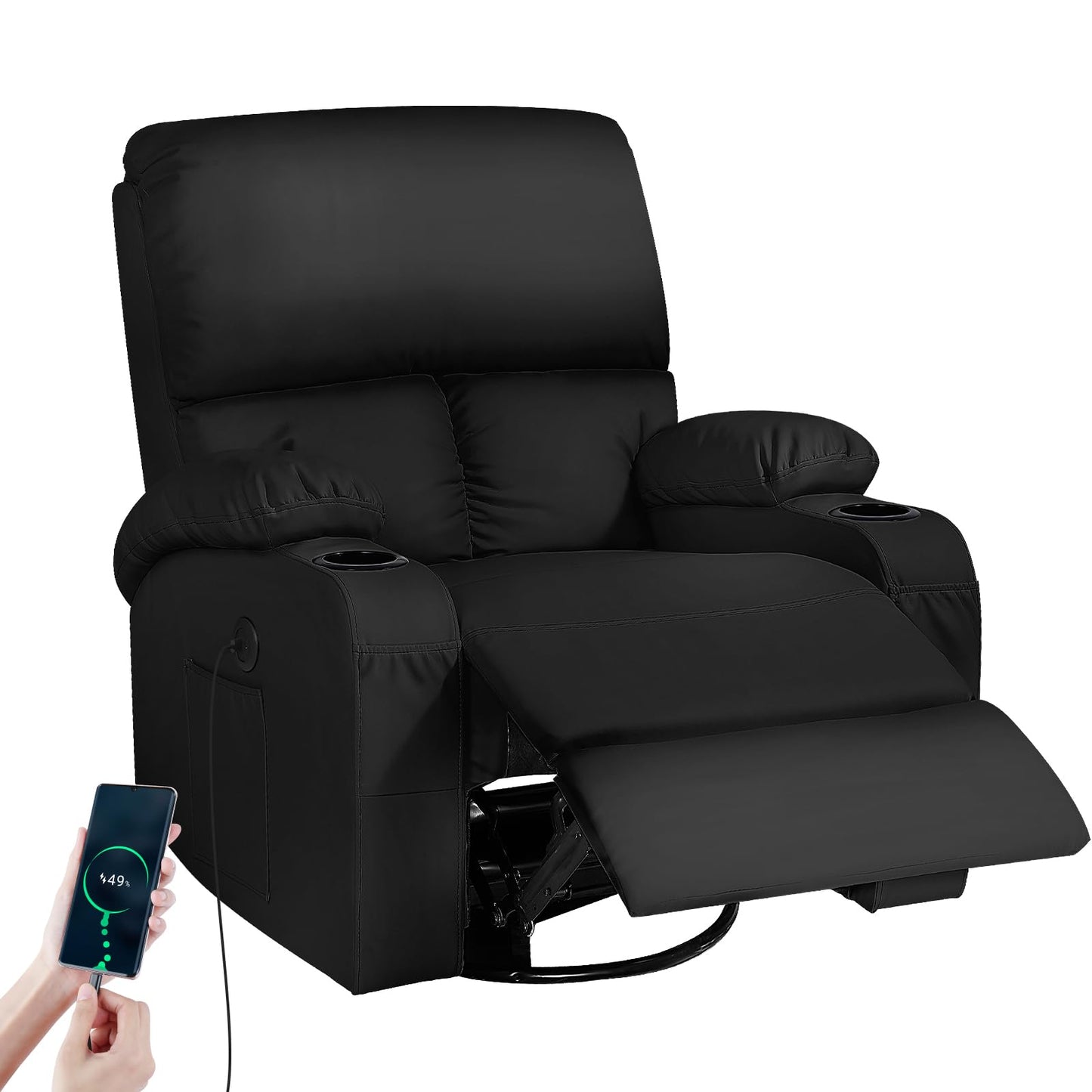 LAFWELL Rocking Recliner Chair, Massage Rocker Recliner Chair with Vibration Massage and Heat, USB and Type-C Ports,360° Swivel Faux Leather Chairs, Living Room, Bedroom, Nursery, RV, Black