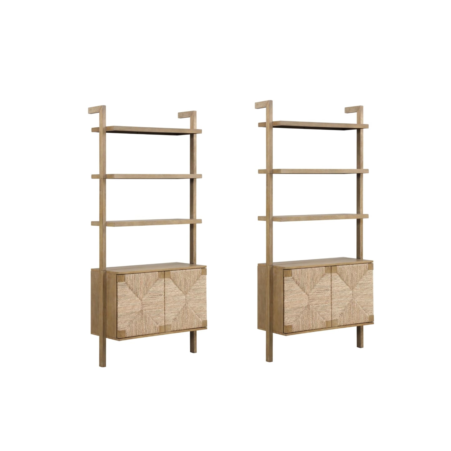 Nathan James Beacon 3-Shelf Solid Wood Bookshelf with Storage Cabinet, Bohemian Wall Mounted Shelf with Seagrass Door Fronts, Set of 2