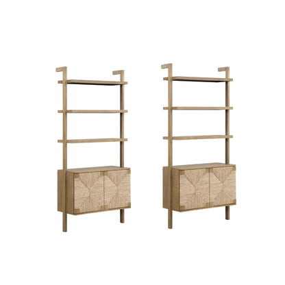 Nathan James Beacon 3-Shelf Solid Wood Bookshelf with Storage Cabinet, Bohemian Wall Mounted Shelf with Seagrass Door Fronts, Set of 2