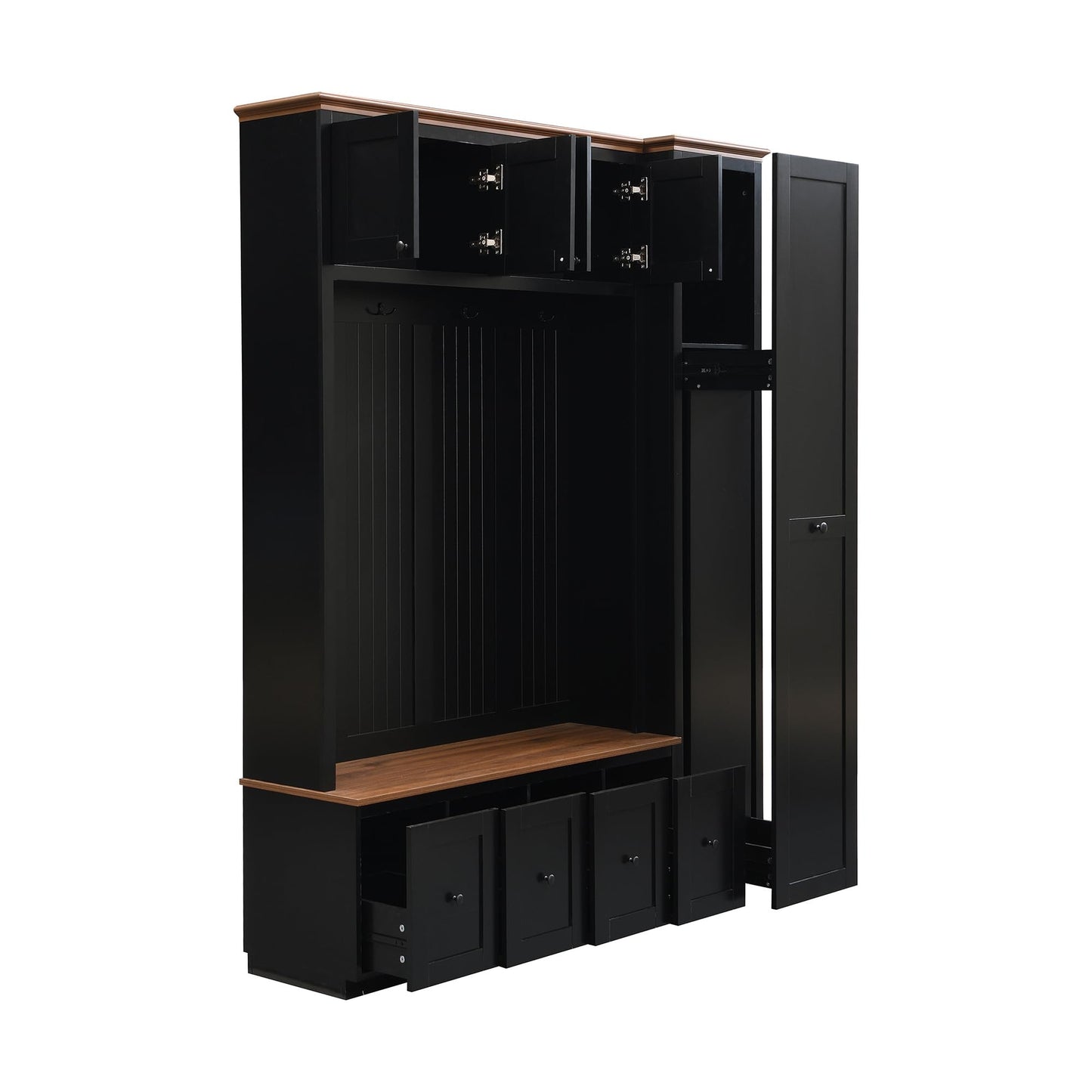 Shaical Hall Tree with Bench and Pull-Out Storage, 5-in-1 Entryway Shoe Bench with Coat Rack & 4 Drawers 2 Cabinets 4 Hooks, 78.7''H Wooden Storage Organizer for Hallway, Mudroom, Entrance, Black