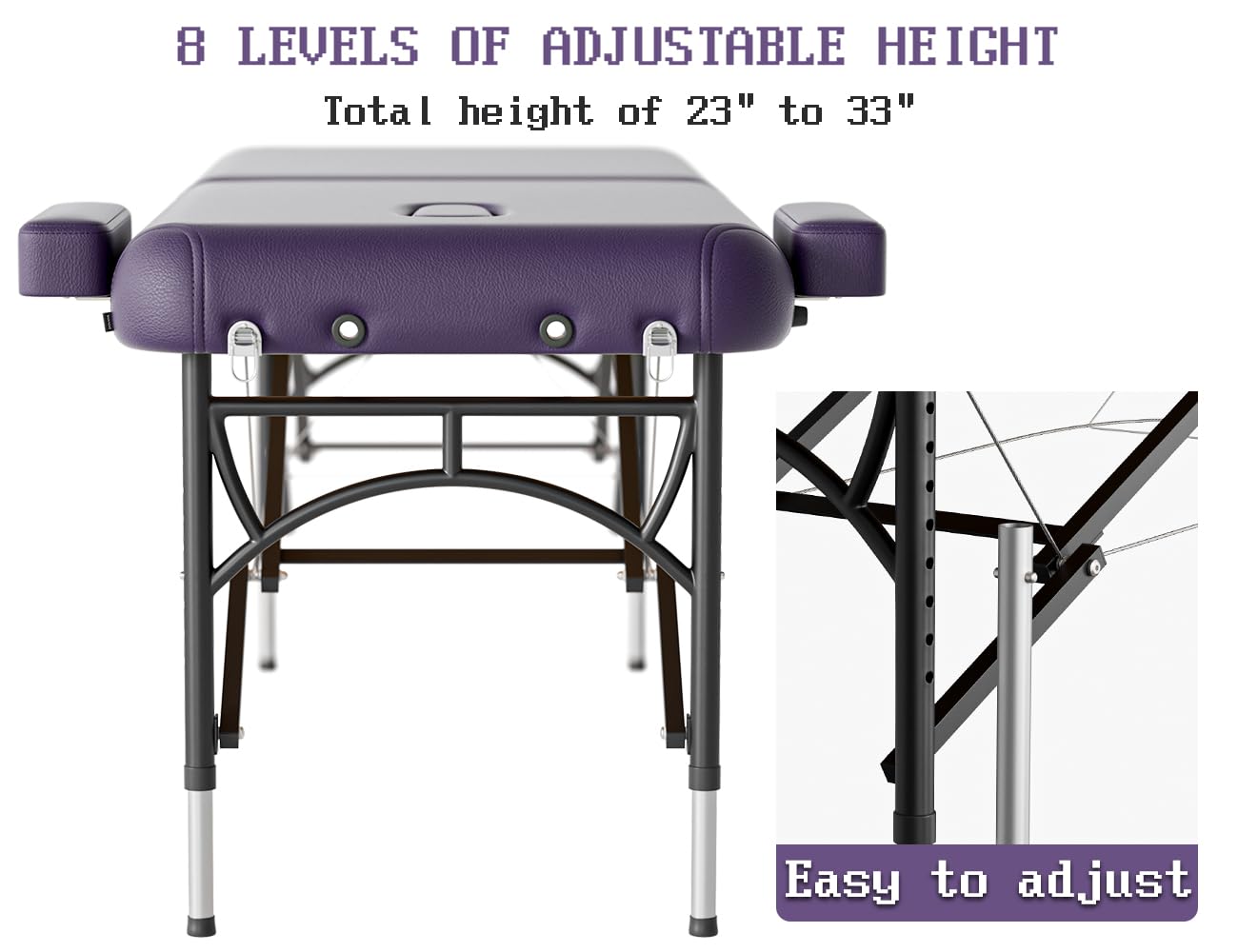 DOVANS Professional Massage Table Portable 2 Fold Premium Memory Foam Aluminium Leg Hold Up to 1100LBS 8 Heights Adjustable with Carrying Bag Violet