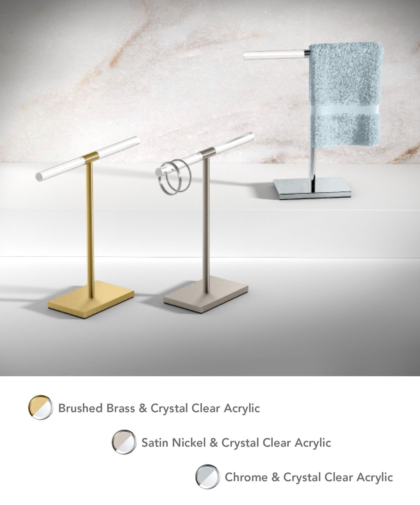 Gatco 1344B, Modern Rectangle Base Freestanding Countertop Towel Holder, Brushed Brass/Acrylic / 10.50" W x 11.13" H T-Shape Style Countertop Hand Towel Holder for Bathroom, Kitchen Towel Rack
