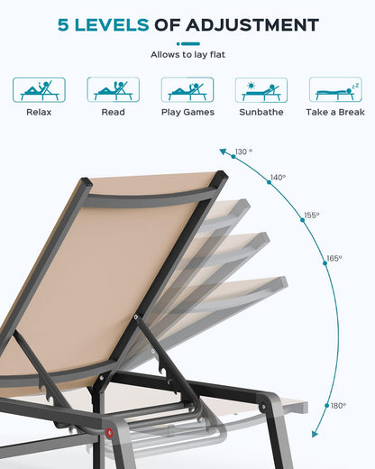 Ciokea Patio Chaise Lounge Chair, Foldable Lounge Chair for Outside, Aluminum Chairs Set of 2 with 5 Adjustable Backrest, Outdoor Pool Lounger for Poolside, Lawn, Deck, Khaki