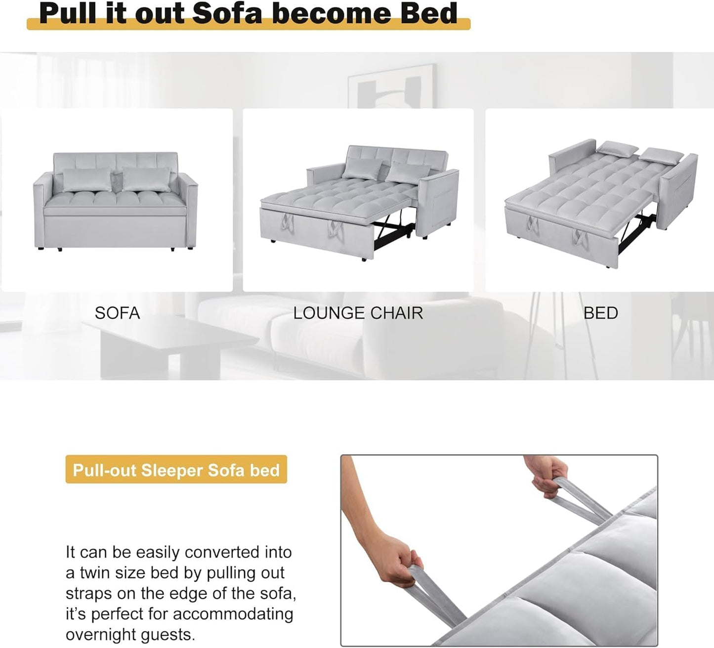 Trygoal 3-in-1 Sofa Bed, 53" Pull-Out Sleeper Sofa Bed with 3-Level Adjustable Backrest, Velvet Fabric Loveseat Sleeper Couch for Living Room & Bedroom & Apartment & Dorm Furniture, Light Gray