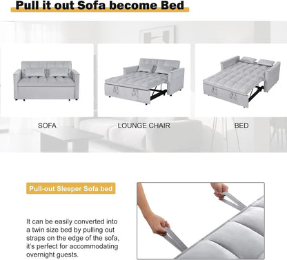 Trygoal 3-in-1 Sofa Bed, 53" Pull-Out Sleeper Sofa Bed with 3-Level Adjustable Backrest, Velvet Fabric Loveseat Sleeper Couch for Living Room & Bedroom & Apartment & Dorm Furniture, Light Gray