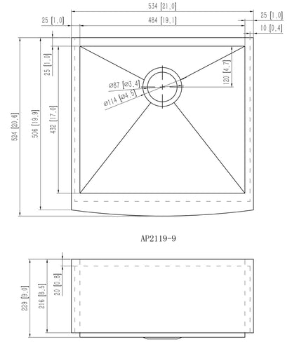 Alpha Sinks 21" Apron Front Farmhouse Sink - Stainless Steel, Single Bowl, 16-Gauge T304, Curved Apron Design - Premium Construct, Fast Drainage, Non-Toxic, Soundproof - Ideal for Modern Kitchens
