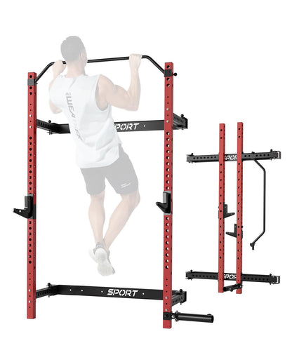 PeacefulHues Folding Wall Mounted Squat Rack, 1000 Pounds Capacity Power Rack with Pull Up Bar, J Hooks and Other Attachments, Space Saving Multi-Functional Power Cage for Home Gym