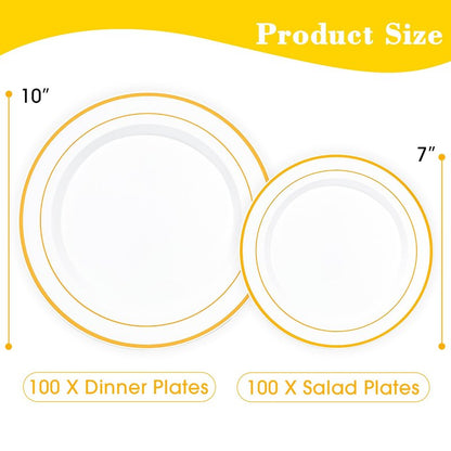 QualQuot 200PCS White Plastic Plates with Gold Rim, Disposable Heavy Duty Plastic Plate, 100 Dinner and 100 Dessert Plates for Party and Wedding