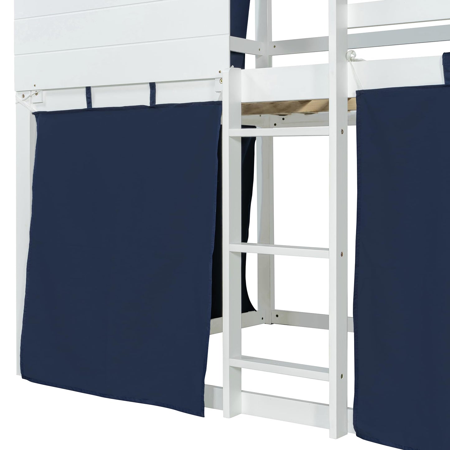 Full Over Full Bunk Bed with Tent, Wood Full Size House Bed Frame, Blue+White