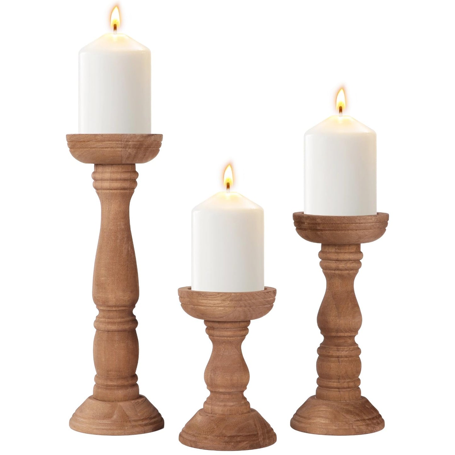 Set of 3 Farmhouse Wooden Candle Holders for Pillar Candles, Rustic Candle Stand Table Centerpiece Decor with Height Variety for Living Room, Fits 3-Inch Candles