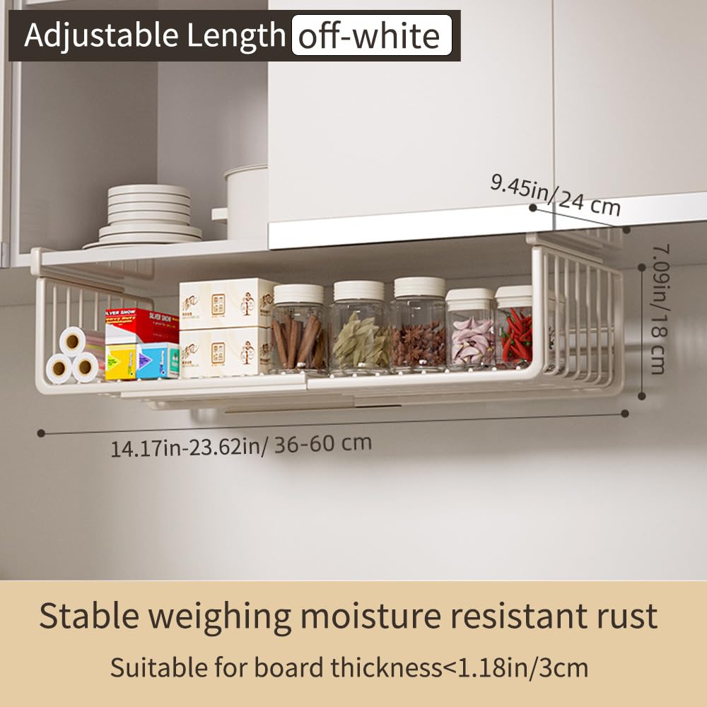 Janebert Extendable Under Shelf Storage Basket, Hanging Baskets Under Cabinet Shelf Organizer, for Cabinet Pantry Kitchen Cupboard Desk Counter Bookshelf Organization Space Saver Heavy Duty Slide-in
