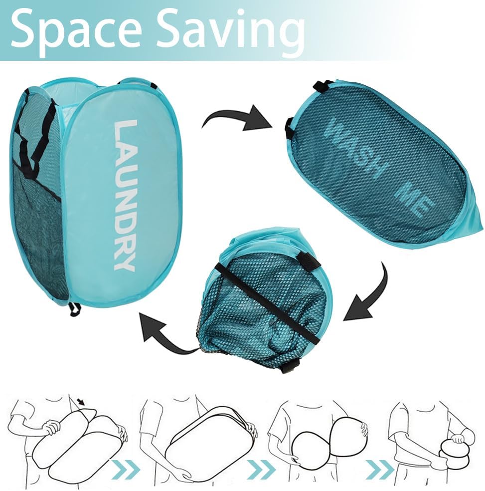 2Pack Mesh Pop Up Laundry Hamper, Foldable Laundry Basket with Side Pocket for Nursery, Laundry Room & Travel