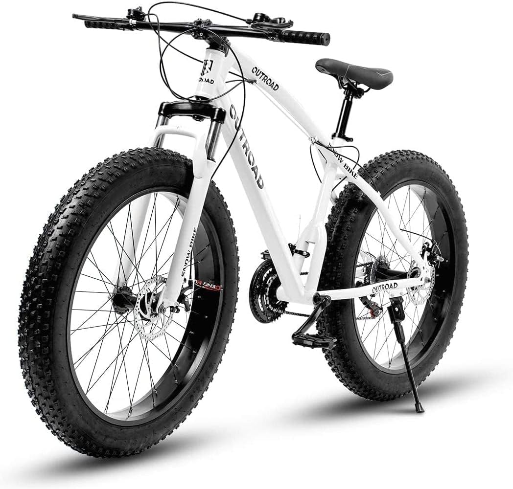 Outroad Mountain Bike Fat Tire with 4-Inch Tire 26 inch Wheels, 21 Speed with High Carbon Steel Frame, Double Disc Brake and Front Suspension Anti-Slip Bikes for Men and Women, White