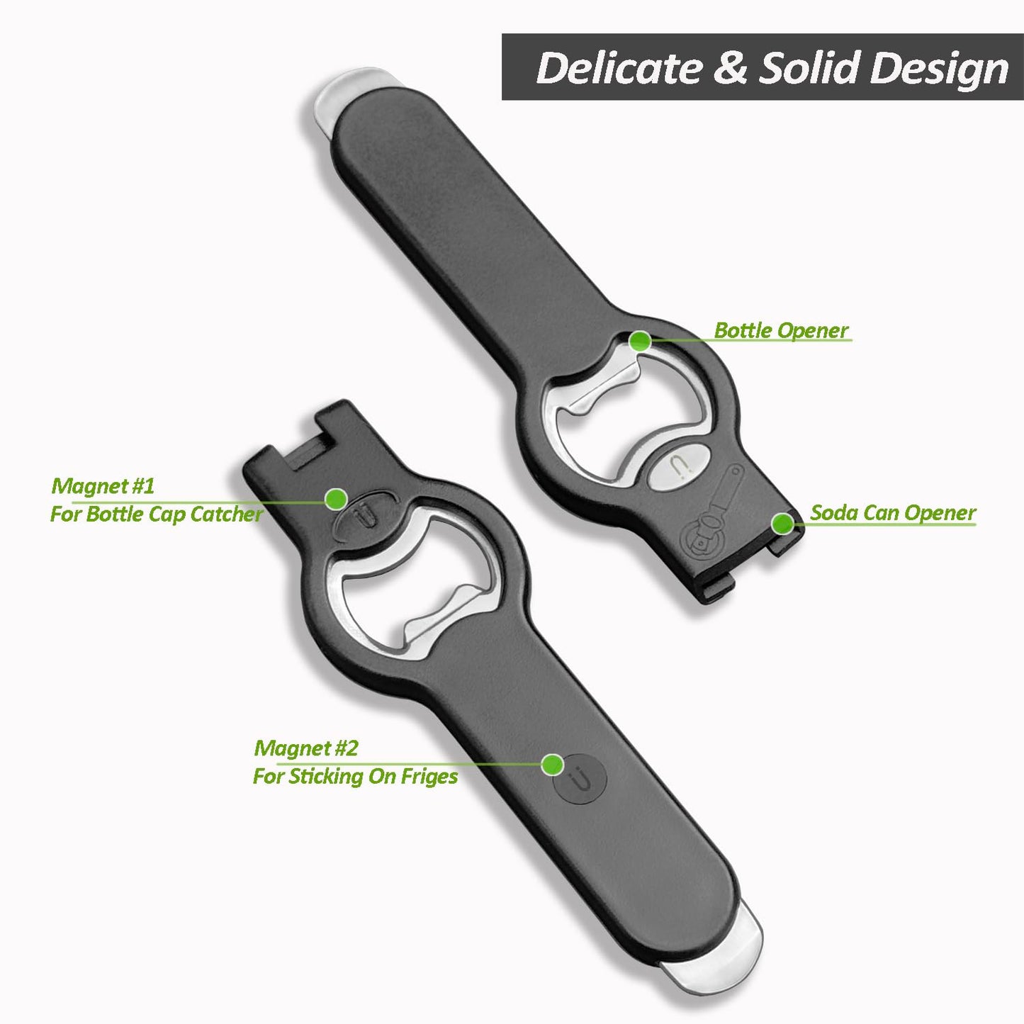 2-in-1 Magnetic Soda Can & Beer Bottle Opener-Dual Magnets for Fridge & Cap Catcher, Heavy Duty Stainless Steel, Perfect for Big Hands,Long nails, RV, Bartender, Gift for Father, Black, Openpro 2 Pack