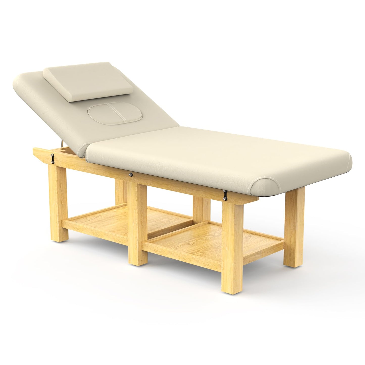 Wood Wide Stationary Massage Table for Treatment Table Physical Therapy Table Spa Facial Bed, PU Leather 31.5'' Wide 75'' Long Heavy Duty Professional Stationary Massage Bed - Beige Gray, 6-Legged