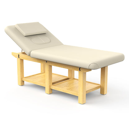 Wood Wide Stationary Massage Table for Treatment Table Physical Therapy Table Spa Facial Bed, PU Leather 31.5'' Wide 75'' Long Heavy Duty Professional Stationary Massage Bed - Beige Gray, 6-Legged