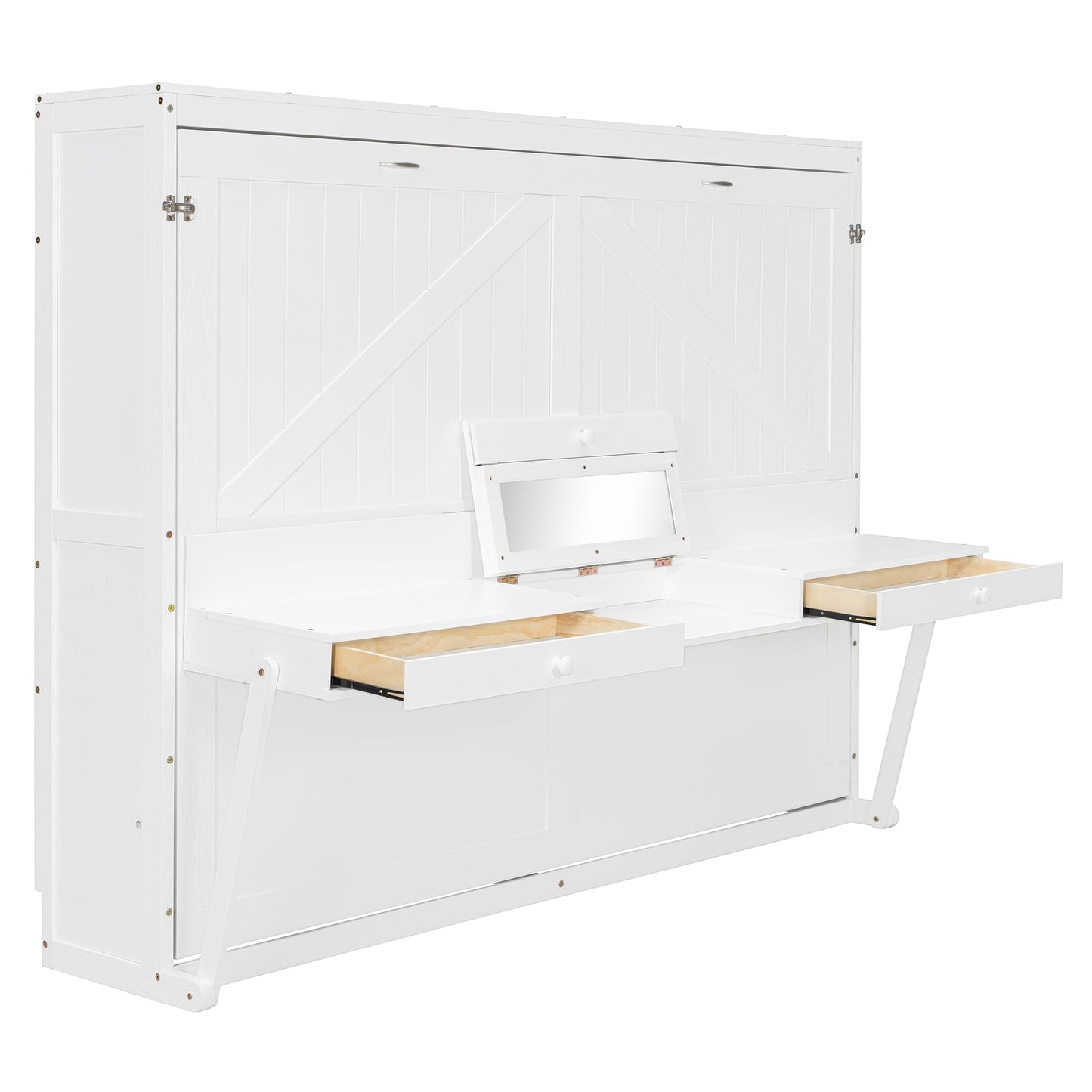 Merax Queen Size Murphy Bed with Vanity Desk, Foldable Murphy Cabinet Bed with Center Mirror and 2 Side Storage Drawers, Wood Space-Saving Hidden Wall Bed Cabinet for Guest Room Office, White