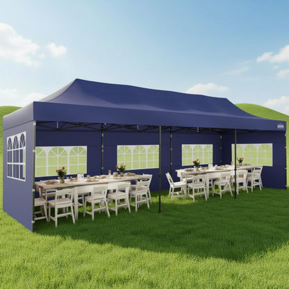 COBIZI 10x30 Pop up Canopy Heavy Duty with 8 Sidewalls,Easy Set-up Commercial Outdoor Party, Foldable UPF 50+ Waterproof Commercial Easy up Canopy with Wheeled Bag, Dark Blue
