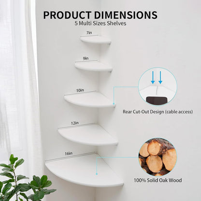 7inch Gieanoo White Corner Wall Shelf Solid Oak Wood Floating Corner Shelf with Wire Hole Corner Wall Storage Display