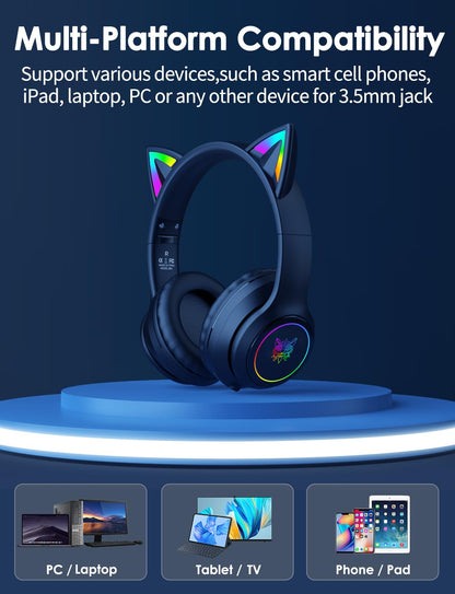 ONITOON Cat Ear Bluetooth Headphones for Kids & Adults, 55H Play Time, Wireless Foldable & Wired Multi-Function LED Light Up Over Ear Headphones with Mic and Volume Control for iPhone/iPad/Laptop/PC