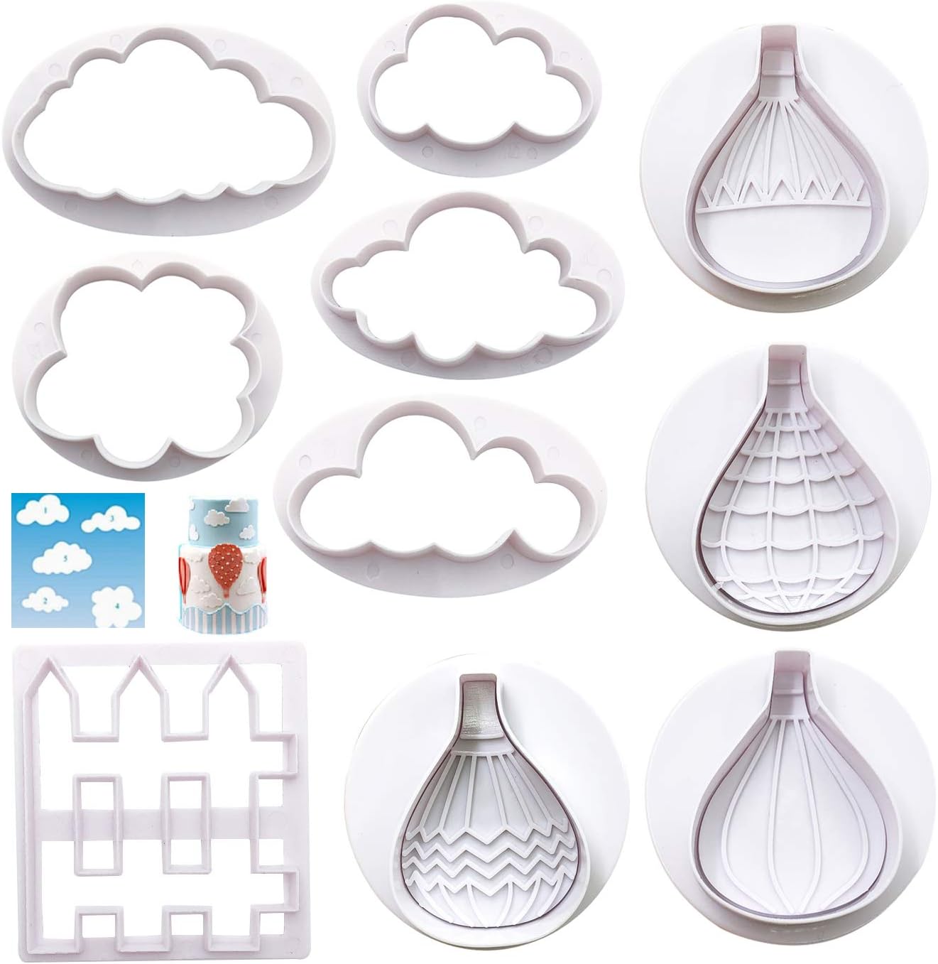 Markeny 10 Pack Cake Fondant Embossing Mold, Balloon Cloud Fence Cookie Cutters for Sugarcraft Baking