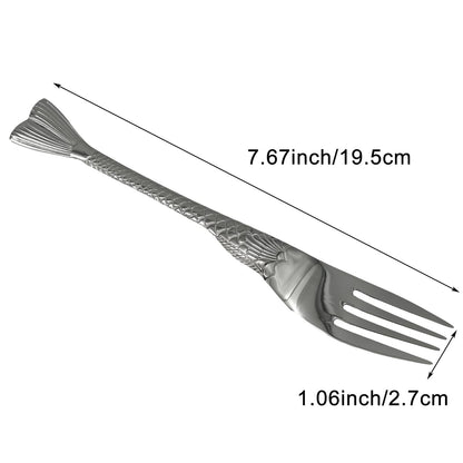 Pinenjoy 2Pcs Fishtail Handle Spoon and Fork Silver 18/10(304) Stainless Steel 7.5inch Asian Soup Spoon Dinner Fork Set for Porridge Cereal Salad Spaghetti
